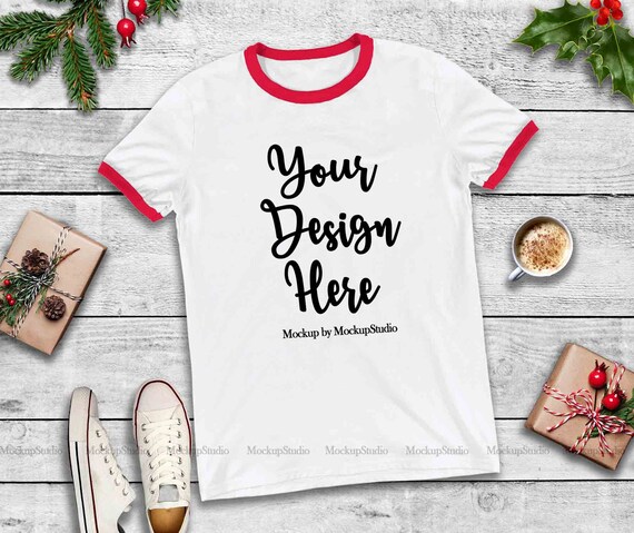 Christmas Ringer T-Shirt Mock Up Red Sleeve Bands Shirt