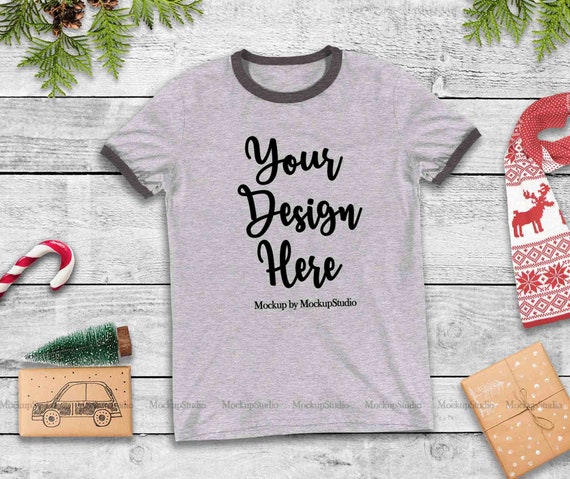 Download Christmas Heather Grey Ringer T-Shirt Mock Up Winter ...