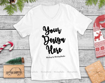 Download Christmas White V-Neck Shirt Mockup, Bella Canvas 3005 ...