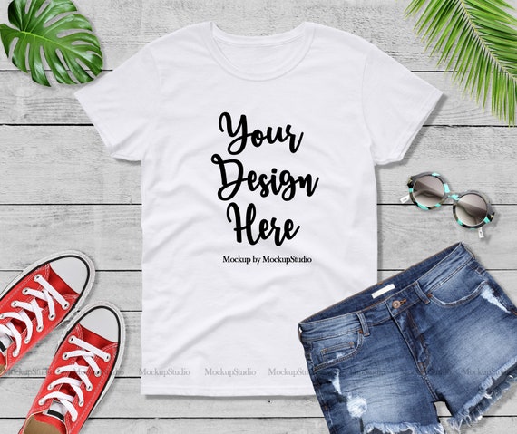 White T-Shirt Mockup Gildan 5000 White Blank Styled T-Shirt