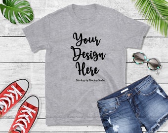 Download Gildan 64000 Gray Blank Tshirt Mockup, Styled T-Shirt Flat Lay, Summer Style Grey Shirt Mock Up ...