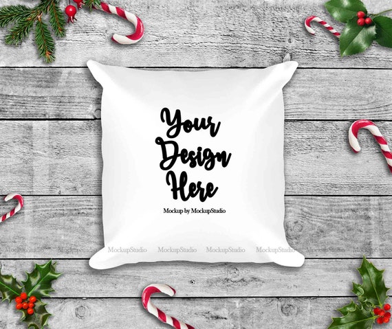 Christmas White Pillow Mockup Throw Pillow Case Flat Lay