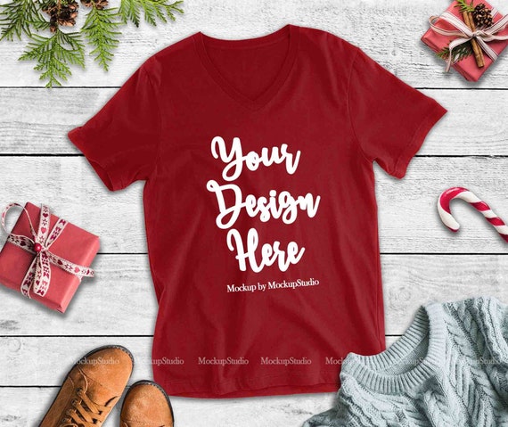 Red Christmas Vneck T-Shirt Mockup Bella Canvas 3005 Winter