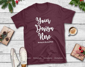 Christmas Maroon Tshirt Mock Up Gildan 64000 Shirt Flat Lay Winter Holiday Style Blank T Shirt Mockup Unisex Women Youth Tee Display Templates T Shirt Mockup Psd File