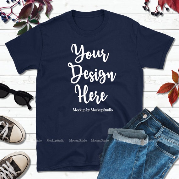 Download Fall Shirt Mock Up Gildan 64000 Navy T-Shirt Mockup - All ...