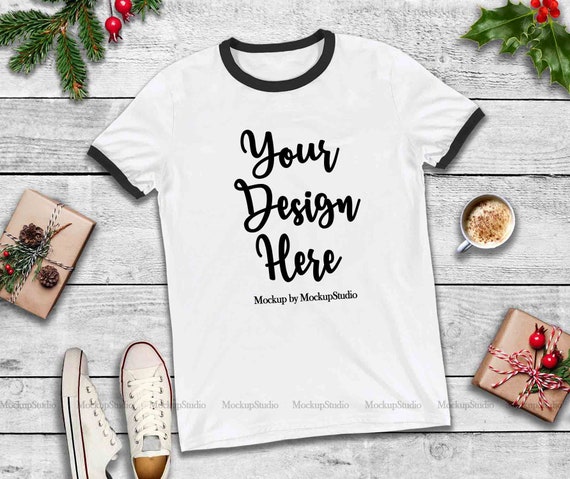Download Christmas Ringer T-Shirt Mock Up Black Sleeve Bands Shirt - Free Mockups Design