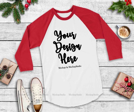 Christmas Red Raglan Mock Up  Winter Holiday Baseball Tee
