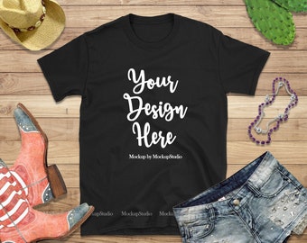 Download Free Gildan 64000 Black Blank Tshirt Mockup, Styled Black T-Shirt Flat Lay, Summer Style Black Shirt Mock Up, Texas Women Shirt Mockup, Flatlay PSD Template
