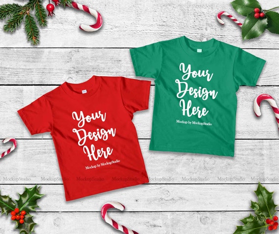 Matching Christmas Kids T-Shirts Mockup Siblings Double Red Green