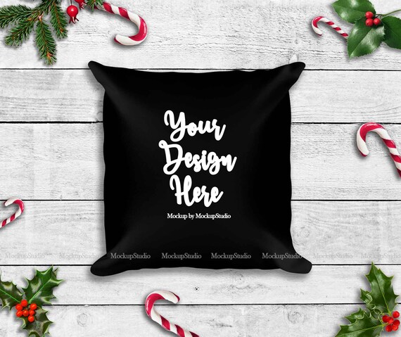 Christmas Black Pillow Mockup Throw Pillow Case Flat Lay