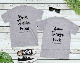 Download Free Front Back Blank Tshirt Mockup Athletic Heather Gray Shirt Mock Up Double Side Tee Flat Lay Unisex Women Youth Tee Jersey Wood Display 3d Psd Mockups PSD Mockup Template