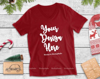 Download Free Christmas Red V Neck Shirt Mockup Bella Canvas 3005 Winter Holiday T Shirt Mock Up Unisex Women Youth Jersey Flat Lay Display All Psd Mockups Template PSD Mockup Template