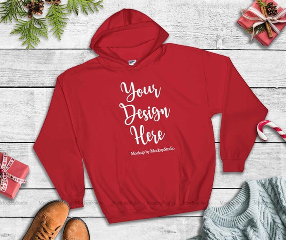 Download Red Christmas Hoodie Mock Up Gildan 18500 Blank Hooded ...