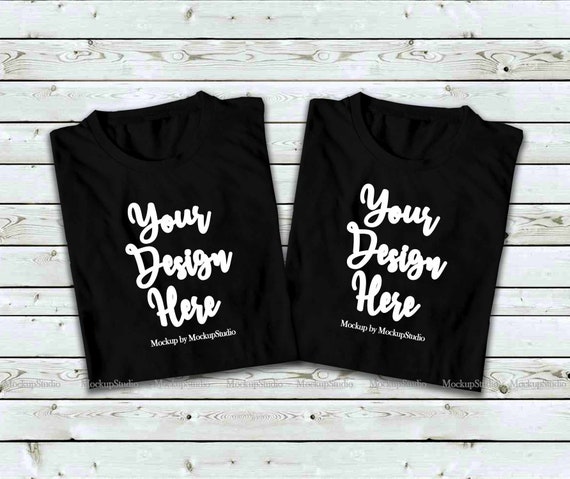 Two Black Folded T-Shirt Mock Up Double Top View
