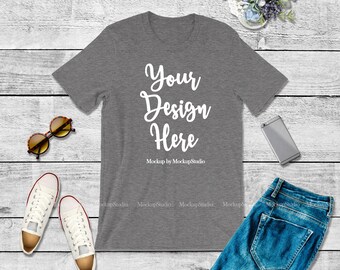 Download Free Bella Canvas 3001 Dark Deep Heather Gray Unisex Women T-Shirt Mock Up, Grey Shirt Flat Lay Tee Apparel Styled Tshirt Wood Background Mockup PSD Template