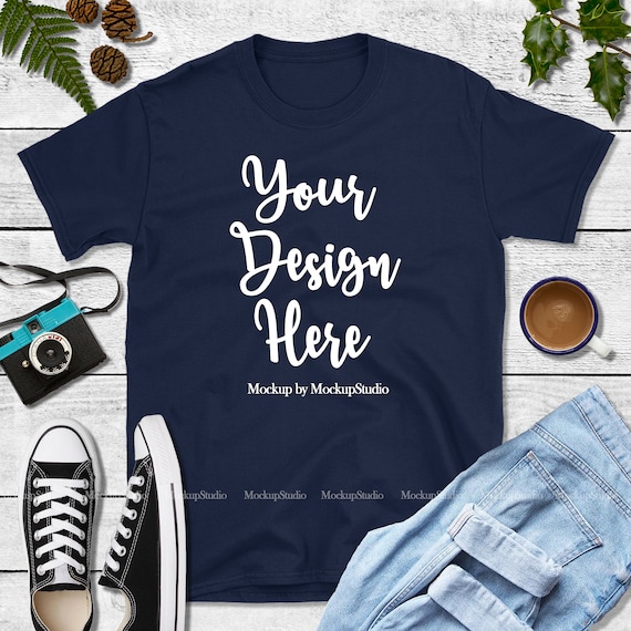 Gildan 64000 T-Shirt Mockup Fall Autumn Style Navy Shirt