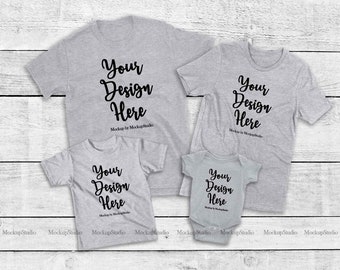 Matching Family Gray T Shirts Mockup 4 Unisex Women Kid Baby Shirt Set Parents Siblings Group Tee Flat Lay Digital Mock Up Free Download Packaging Mockups