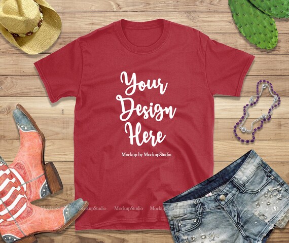 Western Gildan 64000 Red Blank T-Shirt Mockup Cowgirl T-Shirt