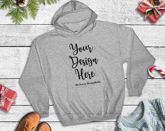 Sport Grey Christmas Hoodie Mock Up Gildan 18500 Blank Hooded Sweatshirt Mockup Winter Holiday Unisex Women Men Youth Flat Lay Display 3d Product Mockup Design