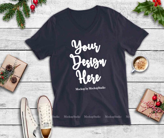 Christmas Bella Canvas 3005 Navy T-Shirt Mockup Winter Holiday
