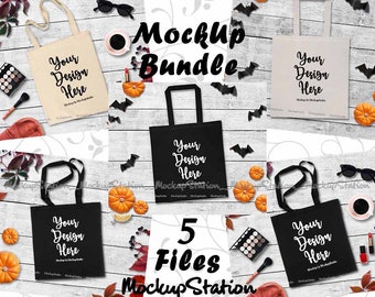 Download Free Fall Tote Bag Mockup Bundle, 5 Canvas Bag Autumn Mock Up Collection, Styled Black Beige Natural Shopping Grocery Bag Flat Lay Display Set PSD Template