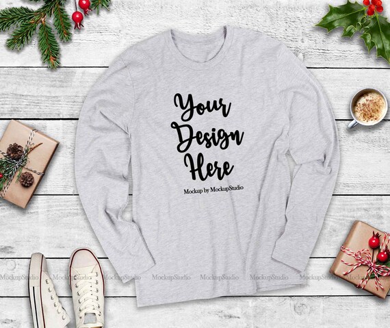 Heather Gray Christmas Longsleeve Shirt Mockup Unisex Women Youth