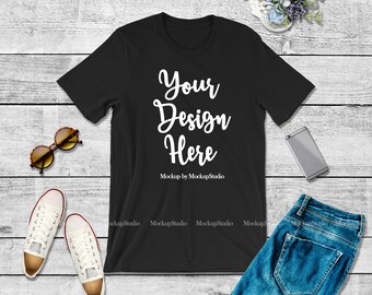 Download Free Bella Canvas 3001 Black Unisex Women T-Shirt Mock Up, Youth Black Shirt Jeans Flat Lay Tshirt Tee Apparel Styled Wood Background Mockup PSD Template