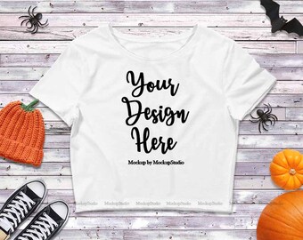 Download Free Halloween Bella Canvas White Blank Crop Top Mockup, Fall Crop Top Mock Up Digital Flat Lay Apparel Tee, Autumn Crop Top Display PSD Template