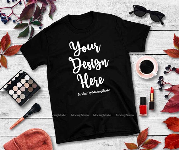Fall Black T-Shirt Mockup Gildan 64000 Blank Shirt Autumn
