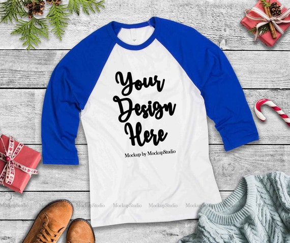 Blue Christmas Raglan Mockup Winter Holiday Baselball Tee Flat