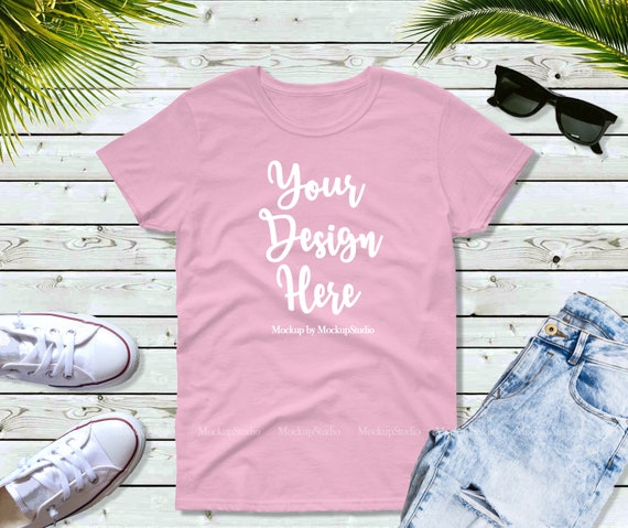 Light Pink T-Shirt Mockup Gildan 5000 T-Shirt Flat Lay