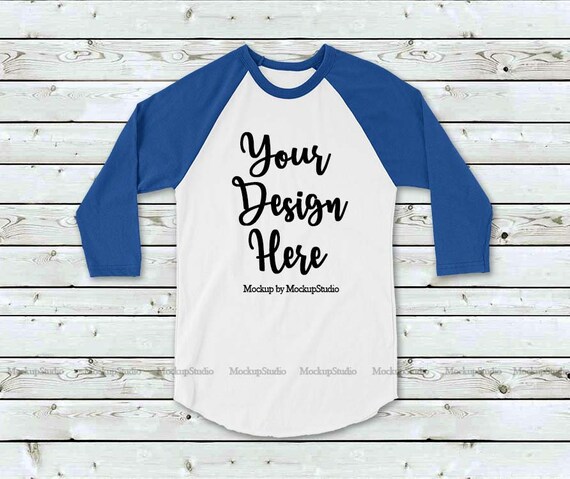 Blue And White Raglan Mockup Baseball Shirt Mock Up