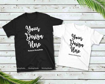 Download Family Two T Shirts Mockup Gildan 64000 Group Double Tshirt Flat Lay Mock Up Unisex Women Kids American Apparel Matching Shirt Set Mockups Packaging PSD Mockup Templates