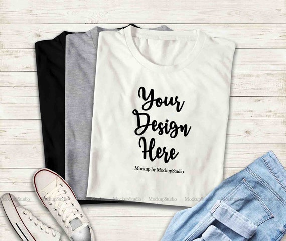 Multiple Colors Folded T-Shirts Mockup Black Gray White Top Multiple Colors Folded T-Shirts Mockup Black Gray White Top