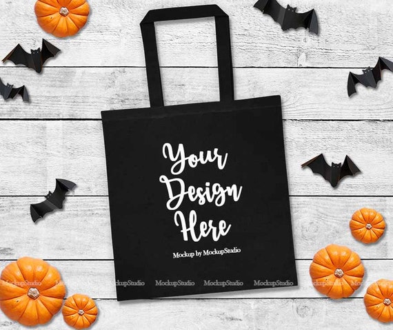 Halloween Tote Bag Mockup Fall Black Canvas Tote Flat Halloween Tote Bag Mockup Fall Black Canvas Tote Flat