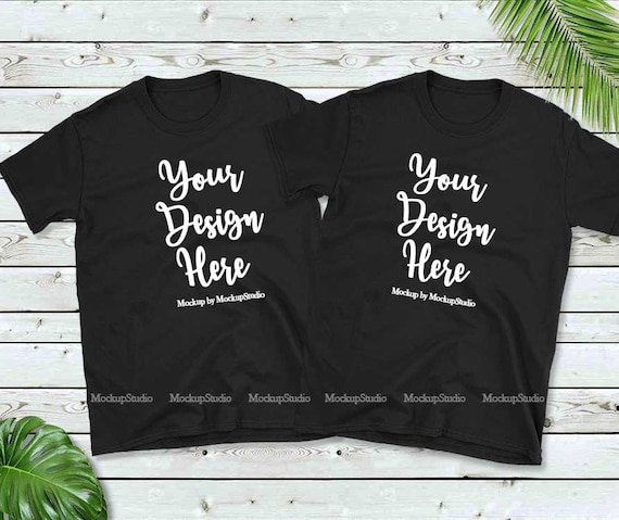 Download Free Double Two Black T-Shirts Mockup Gildan 64000 Group T ...