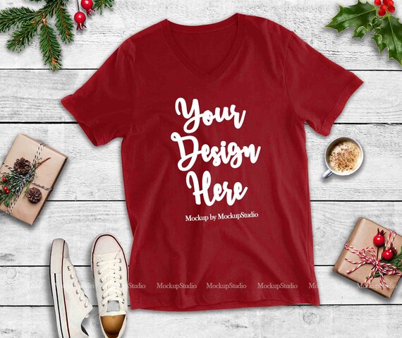 Christmas Bella Canvas 3005 Red T-Shirt Mockup Winter Holiday
