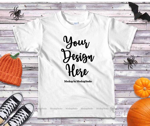 Halloween Party Kids White T-Shirt Mockup Fall T-Shirt Flat Halloween Party Kids White T-Shirt Mockup Fall T-Shirt Flat