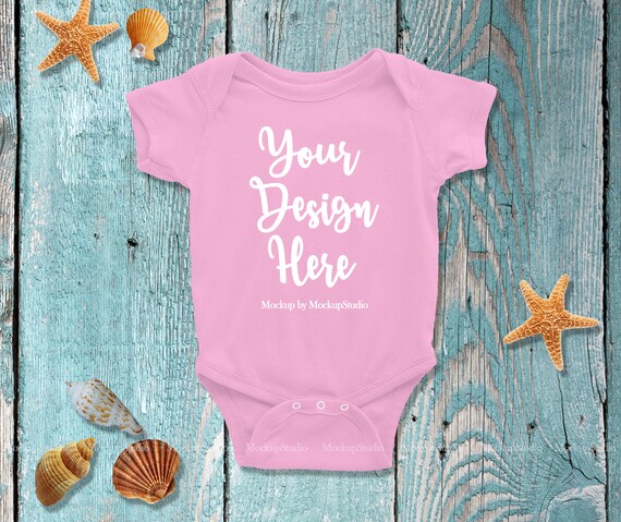 Pink Blank Infant Bodysuit Mockup Newborn Beach Baby Flat
