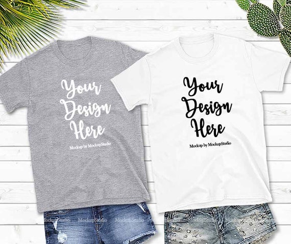Gray White Two Shirts Mockups Double Color Gildan 64000 Gray White Two Shirts Mockups Double Color Gildan 64000