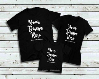 Matching Family 3 Black Shirts Mockup Unisex Women Kid T Shirt Set Parents Siblings Group Tee Flat Lay Mock Up Free Download Packaging Mockups