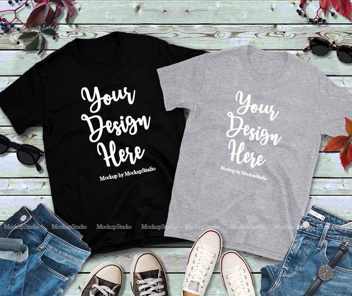 Download Couple Two Black Grey T-Shirts Mockup Gildan 64000 Fall ...