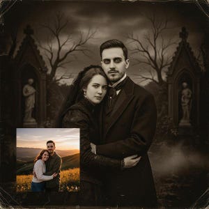 May include: A sepia-toned portrait of a couple in vintage clothing, embracing against a gothic background. The man is in a black suit, and the woman wears a dark dress with a veil. A smaller, colour photo of the couple is inset at the bottom.