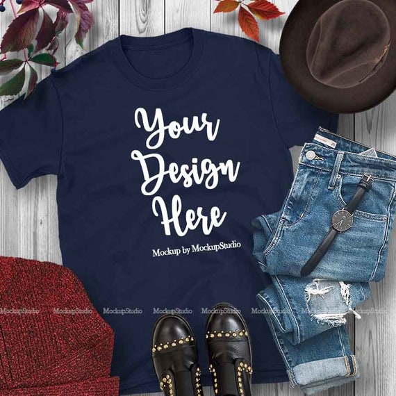 Fall Mockup Navy Gildan 64000 Tshirt Styled Autumn T Shirt Etsy
