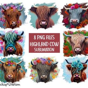 Ensemble PNG de vache des Highlands | Patchs de conception de sublimation de t-shirt occidental | Ensemble Clipart Sud-Ouest