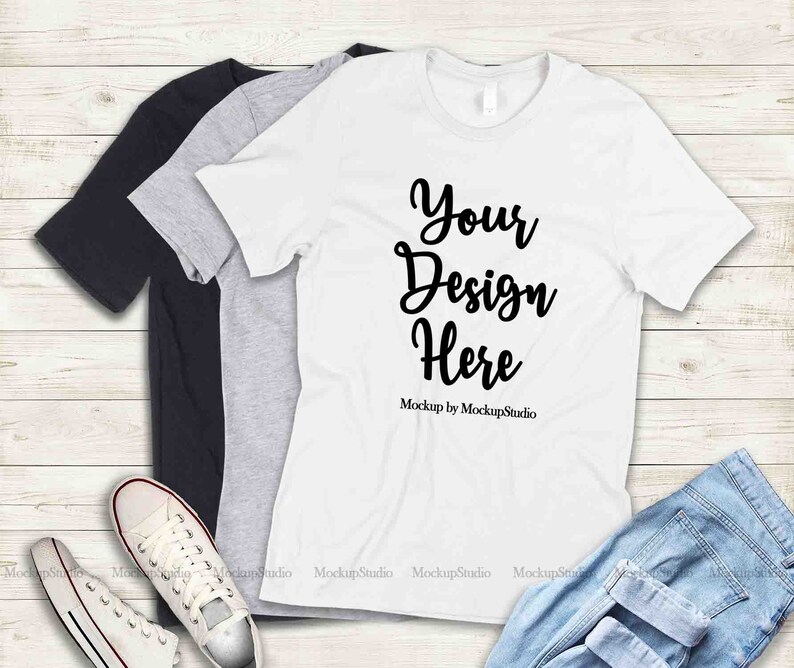 Unisex Women Youth White Gray Black Tee Set Light Wood Background Bella Canvas 3001 Shirt Flat Lay Mock Up Multiple Color T-Shirts Mockup