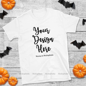 Halloween White Gildan 64000 T-Shirt Mockup, Kürbis Flat Lay (Digitaler Download)
