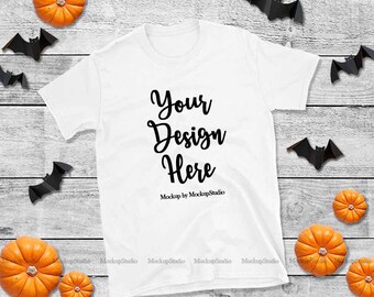 Halloween White Gildan 64000 T-Shirt Mockup, Pumpkin Flat Lay (Digital Download)
