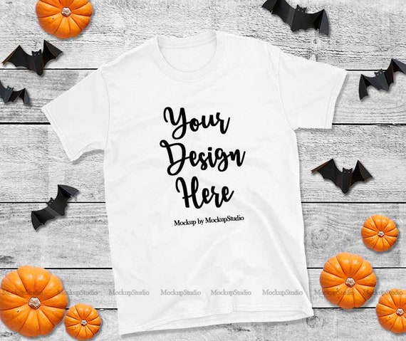 Halloween White Gildan 64000 T-Shirt Mockup, Pumpkin Flat Lay (Digital Download)
