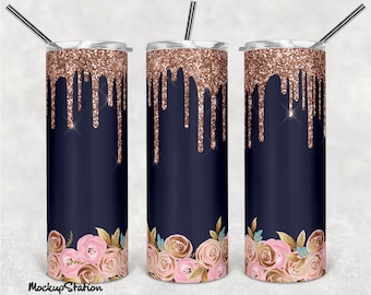 Pink Gold Glitter 20oz Skinny Tumbler Design Sublimation PNG, Navy Floral Tumbler Digital Download Template